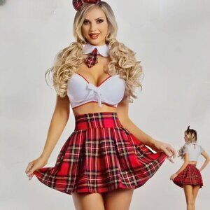 Party King Schoolgirl Costume Set – Plaid Skirt, White Top, Collar + Hair Bow M